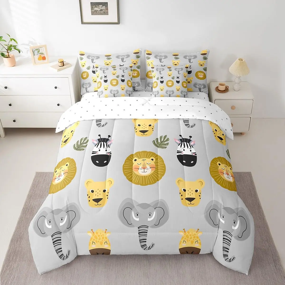 Kids Zoo Animal 7 Piece Bedding Set Cartoon Animal Bed in a Bag Cute Lion Elephant Zebra Comforter Set with Sheets Grey Bed Set