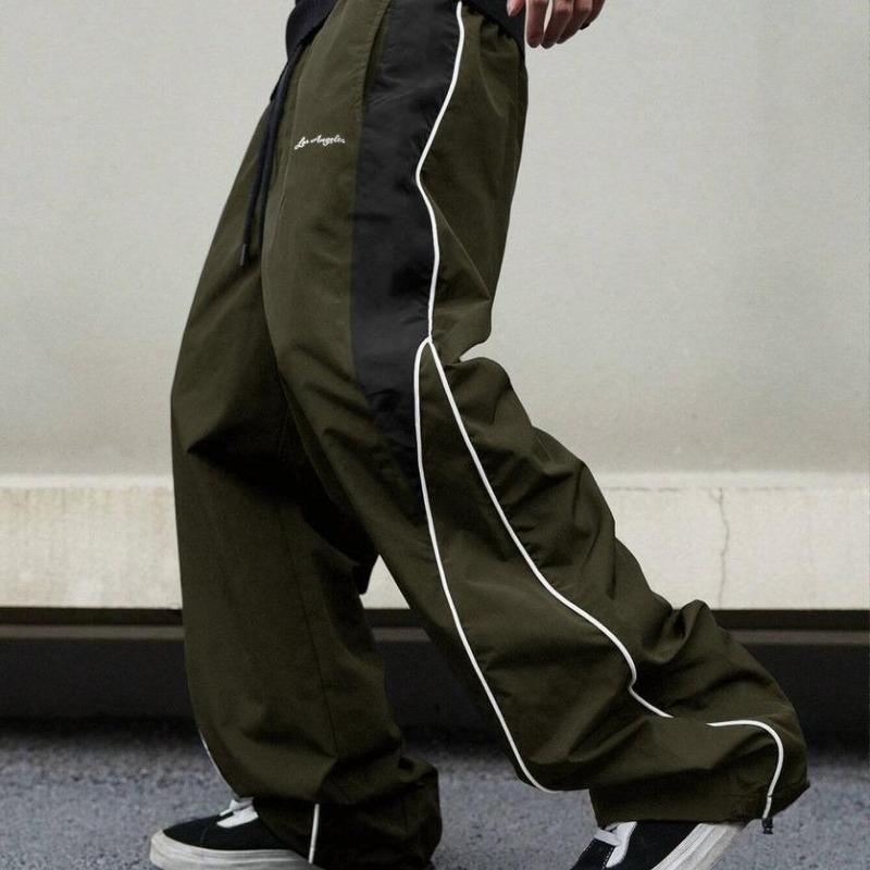 Men's Black Colorblock Sweatpants with White Side Stripes & Embroidered Design for Gym Wear, Loose Athletic Long Pants, Sporty Elegance, Drawstring Waist, Straight Leg Cut, Trendy Street Fashion Joggers Sports Menswear Embroidery Embroidery Tracksuit