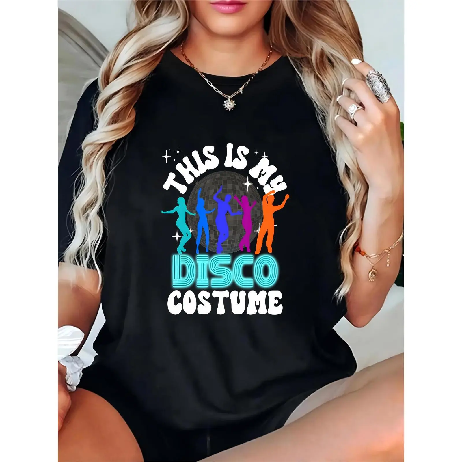 Women's This Is My Disco Costume T-Shirt, Disco Ball & Colorful Dancing Silhouettes Graphic, Retro 70s Disco Party, Club, Halloween Costume for Ladies 100% Cotton T-shirt