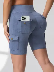 Women's Solid Color Flap Pocket Cargo Shorts, Casual Fashion Denim-effect Shorts for Daily Wear, Ladies Bottoms for Summer