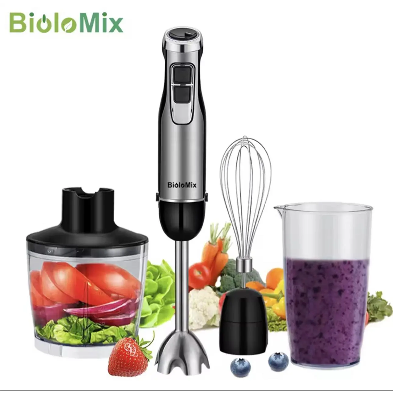 BioloMix Handheld Blender with Chopper, Whisk, and Cup - Perfect for Smoothies and More