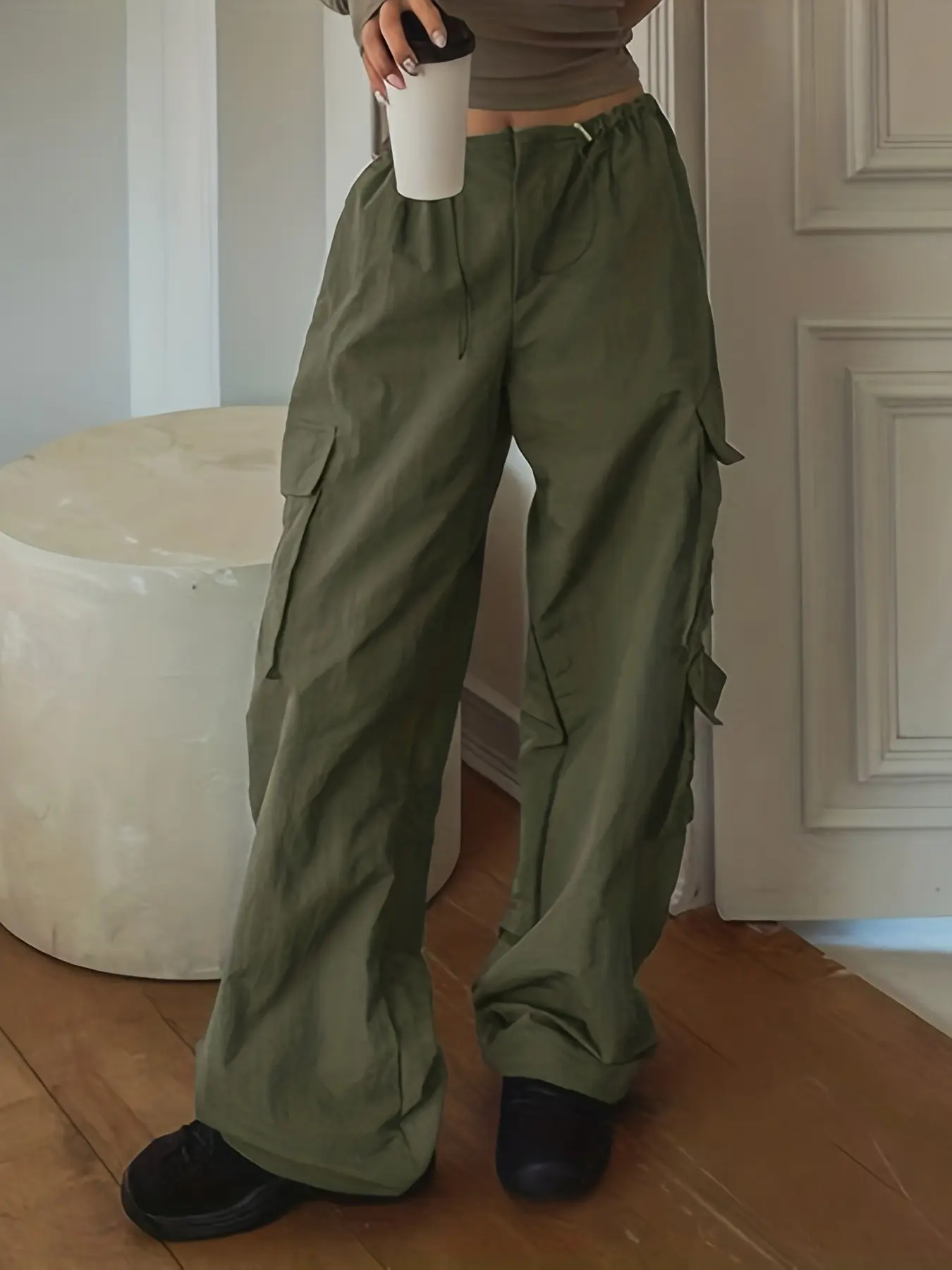 GILPUR Army Green Oversize Loose Cargo Pockets Wide-Leg Trousers — Casual Adjustable Drawstring High-Waisted Straight-Leg Pants | Versatile Women's Everyday Casual Wear Bottoms TChic Womenswear
