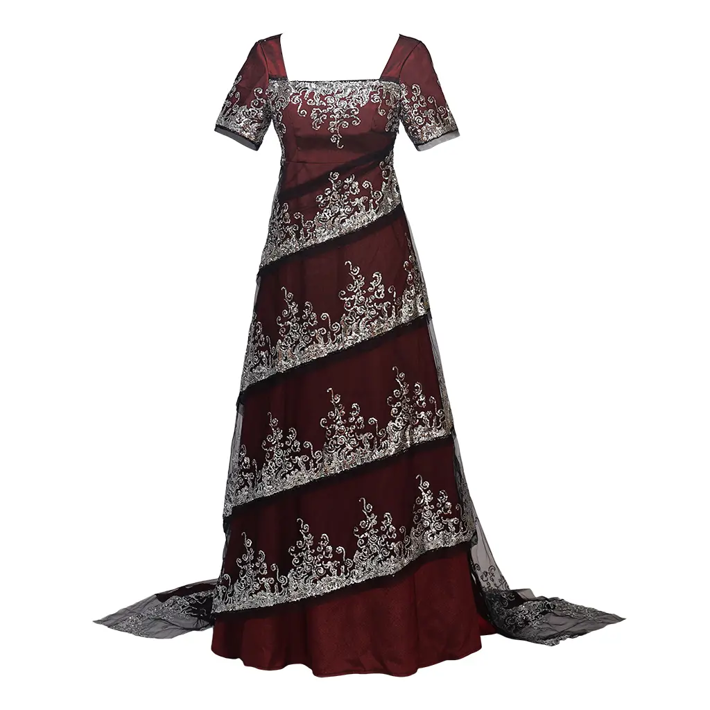Women's Titanic Rose Cosplay Polyester Fabric Dress - Elegant Square Neck Sleeveless Fitted Gown with Asymmetrical Lace, Piped Edges, Zip Closure, Geometric Details, Cold Wash, Available in XXXL for Halloween