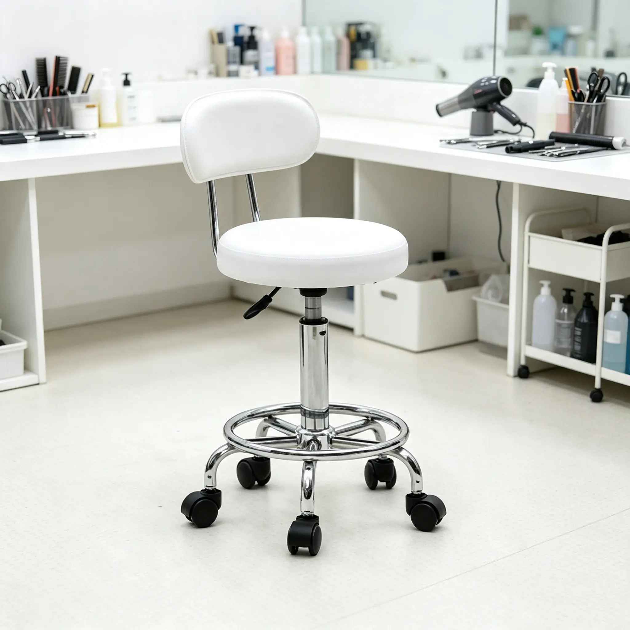 White Adjustable Height Barber Chair with 4 Wheels for Salon and Beauty Salon Use