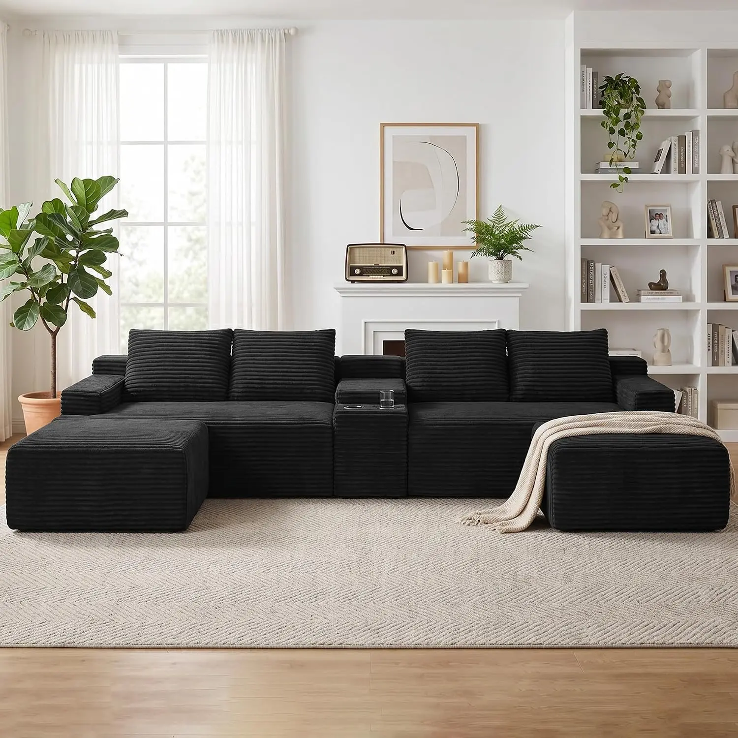 Oversized Black Corduroy Modular L-Shaped Sectional Couch with Ottoman, Cup Holders, Deep Seat, Convertible Block Design - Comfy Clean Look Multi-Piece Free-Combining Living Room Furniture for Big Family Gatherings, Modern Minimalist Sectional Couches, Se