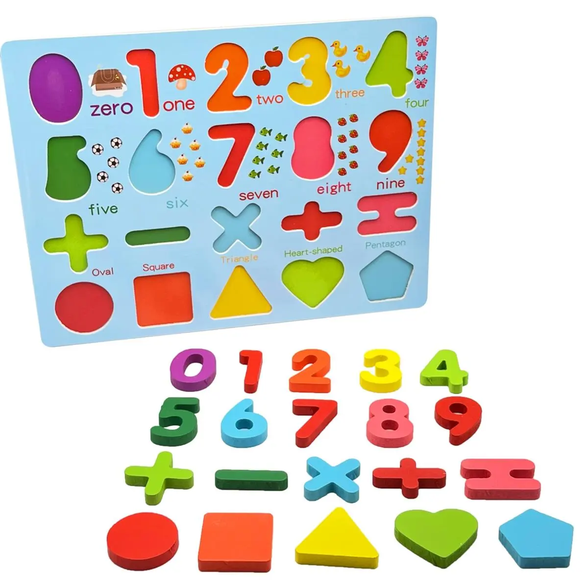 Zunammy  Wooden Numbers, Math Symbols, & Shapes Puzzle Board