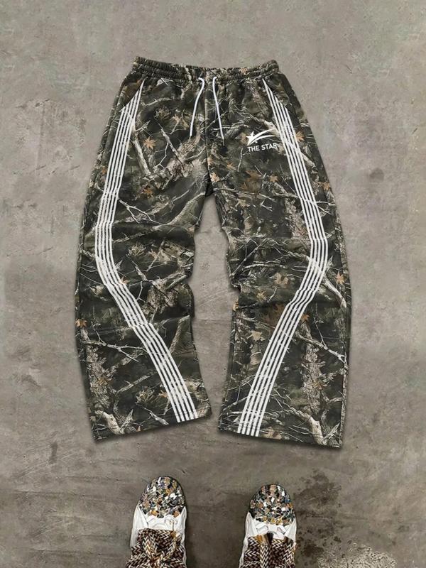 Men's Casual Camo Pants, Loose Fit Outdoor Pants with Adjustable Drawstring Waist, Letter Star Print, Practical Side Pockets, Camouflage Pants