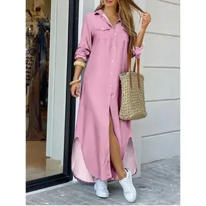 Women’s solid-color long slit dress with a polo neckline and single-breasted button placket, suitable for spring and autumn, as well as for everyday wear, casual outings, vacations, and commuting. GARMENTARY