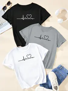 Women's Heartbeat Print Round Neck Sports Tee, Casual Short Sleeve Crew Neck T-shirt for Summer, Women's Sportswear for Daily Wear