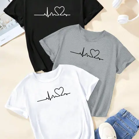 Women's Heartbeat Print Round Neck Sports Tee, Casual Short Sleeve Crew Neck T-shirt for Summer, Women's Sportswear for Daily Wear, Casual Sports Top, Activewear, Casual Fitness Wear, Summer Sports Clothing