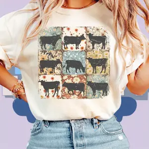 Boho Checkered Cows T-shirt, Cow Lover T-shirt, Cow Lover Gift, Homestead Shirt, Cow Farmer T-Shirt, Cute Farm Tee