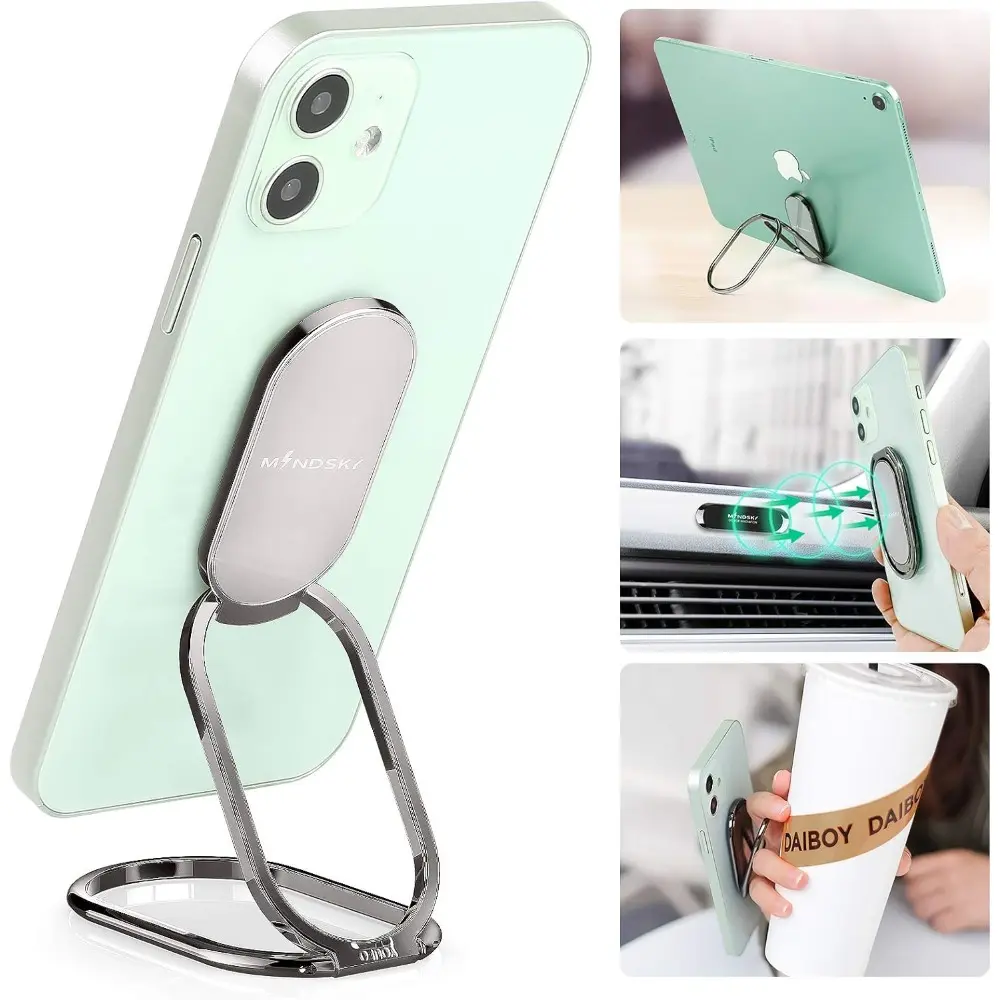 Phone Ring Holder Finger Kickstand 360° Rotation Foldable Cell Phone Back Grip Stand for Desk Use For iPhone, iPad, Smartphones and Tablets (with Universal Magnetic Car Mount)