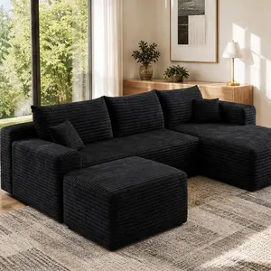 95" Cloud Sectional Sofa with Ottoman, U Shaped Couch for Living Room, Deep Seat Corner Sofa, Plush Corduroy Fabric, No Assembly Required, Black, 4-Seat, Foam+Spring, Multiple Color Options, Fabric/Foam+Spring Material, 4 Seat Seat Count
