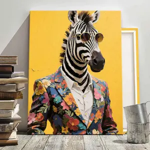 1Count Wooden Frame Canvas, Zebra In Floral Suit Sunglasses Poster, Exquisite Poster, Fashion Living Room Decoration, Modern Art, Bedroom Poster, High Definition Home Poster,  Ideal Gift, Waterproof, Printing, Art