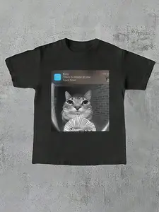 Oversized Cotton Graphic Tee, Casual Fitted Short Sleeve Shirt, Comfortable Soft Fabric, Cute Cat Print, Home Wear