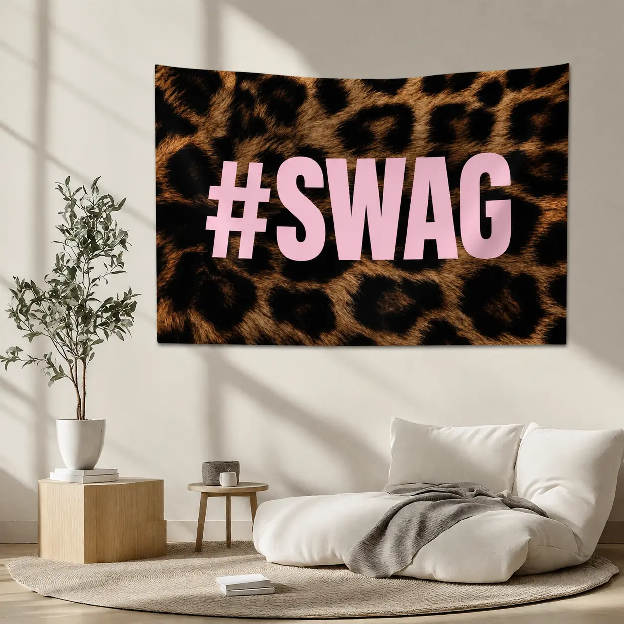#SWAG Leopard Print Tapestry, Pink Letter Animal Print Wall Hanging, Trendy Y2K Aesthetic Wall Decor for Bedroom Dorm Living Room