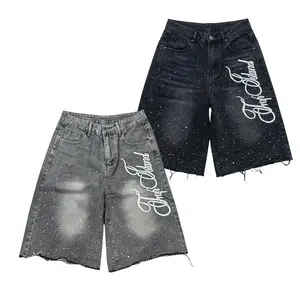 Men’s denim shorts, mid-thigh length, American street graffiti letter print + raw hem, loose wide-leg high-street style denim shorts