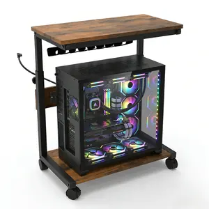 Height Adjustable Computer Tower Stand with USB Charging Port, 2-Tier ATX-Case Cart, Under Desk Mobile PC Stand, CPU Holder Cart with Locking Caster Wheels for Fits Most PC Oak