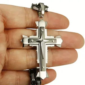 Men's heavy-duty multi-layer cross pendant necklace paired with Byzantine Cuban chain - gold metal finish, bold and fashionable jewelry with rivet design, layered chain design, sturdy chain links, exclusive to jewelry collectors