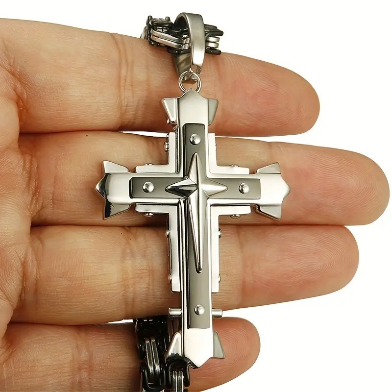 Men's heavy-duty multi-layer cross pendant necklace paired with Byzantine Cuban chain - gold metal finish, bold and fashionable jewelry with rivet design, layered chain design, sturdy chain links, exclusive to jewelry collectors