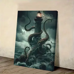 Surreal Lighthouse & Giant Octopus   Art – Framed Nautical Ocean Scene, Deep Blue Tentacles Artwork for Coastal Home & Office   Art Poster brand wall Abstract Black Gold Ink Splash Mural canvas