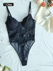 Women's Contrast Sequin Sheer Mesh Teddy Bodysuit, Adjustable Spaghetti Strap Push Up Sexy Lingerie Bodysuit , Fashion Romantic Women's Nightwear for All Seasons