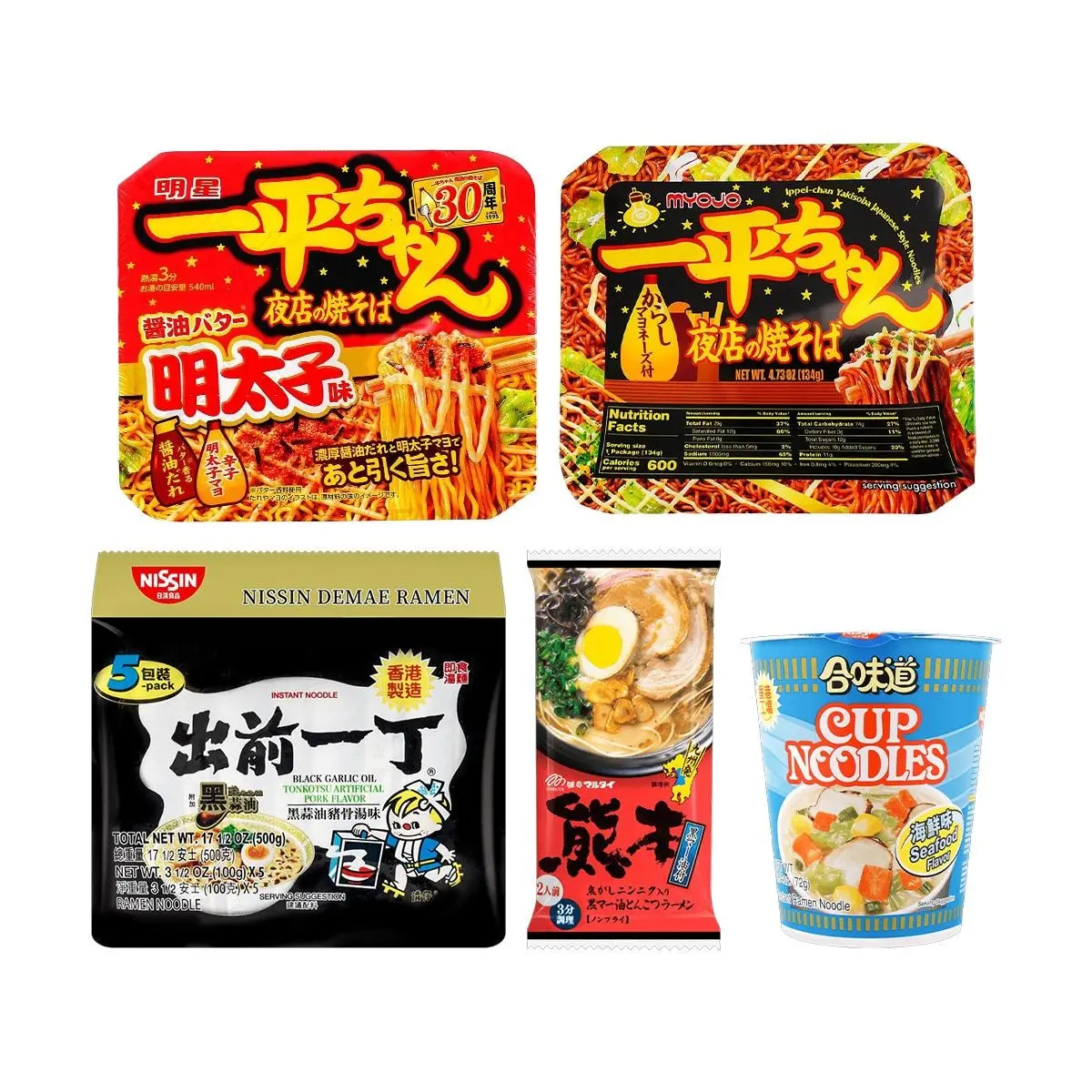 NISSIN Ramen Variety Pack - 5 Flavors Japanese Instant Noodles Bundle - MYOJO Chukka Udon, Demae Iccho, MARUTAI Kumamoto Ramen, Cup Noodles