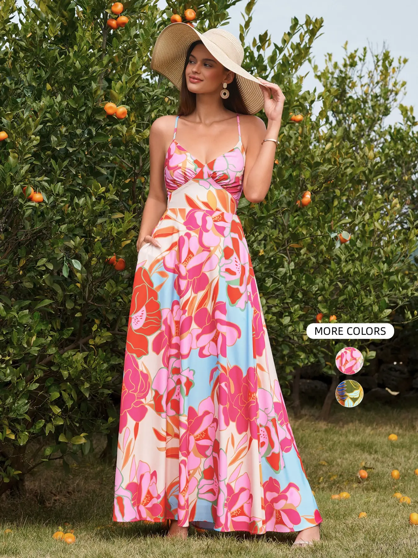 Parthea V-Neck Backless Sleeveless Tie-Dye Dress with Pockets, Slim-Fit Long Summer Dress, Beach, Retro Landscape Oil Painting Style, Goddess Style Deep V Neckline
