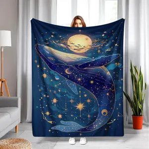 Celestial Golden Constellation Whale Night Sky Flannel Throw Blanket - Deep Navy Blue Base, Gold Line Art Star Moon Planet, Soft Fleece, Cosmic Space Giant Whale, Ideal Gift for Astronomy Ocean Animal Lovers