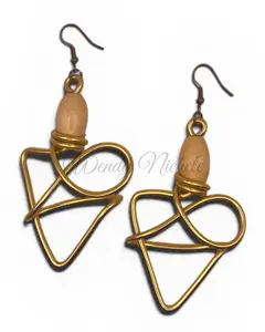 Yashica Earrings (Gold w/tan wood bead) - Handcrafted Lightweight Aluminum Wire Earrings - Perfect for Casual and Date Night Looks