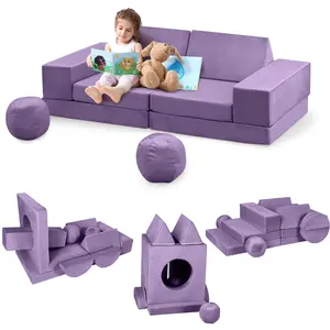 GARVEE Modular Couch Set for Playrooms - 12-Piece Convertible Foam Sofa in Purple, Navy, Pink, and Dark Grey, Perfect for Toddlers and Young Ones to Play and Relax Comfortably.