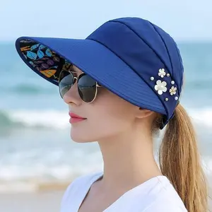 Women's Foldable UPF 50+ UV Protection Wide Brim Sun Visor Hat, Adjustable Floral Decor, Lightweight Sun Protective Beach Outdoor Accessory, Summer Beach Vacation Gift For Her