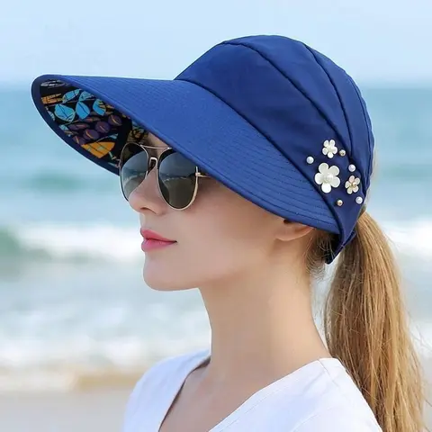 Women's Elegant Female Lightweight Wide Brim Sports & Outdoor Hat - UPF 50+, Foldable, Adjustable, Ponytail Safe, Breathable, 3D Pearl Side Detail, Floral Print, Sun-Shaded Ease for Beach Days