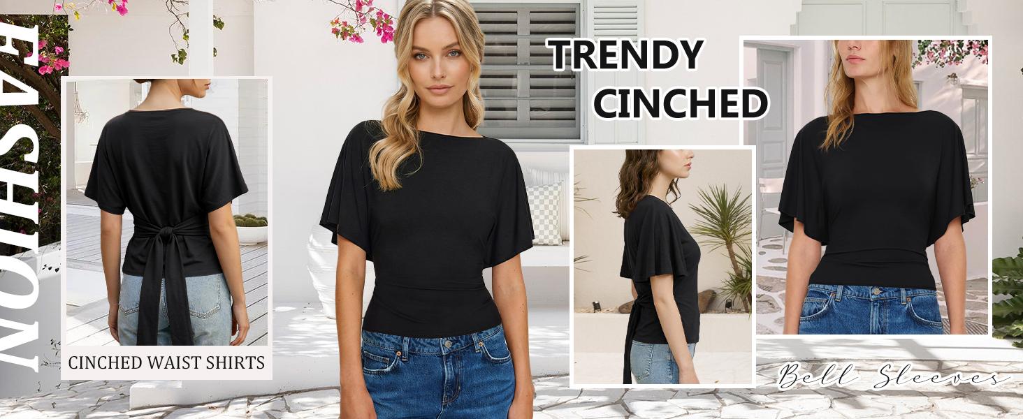 Songling Women's Cinched Waist Shirt Short-Sleeve Boat Neck Knit Top Stylish Streetwear Basic Sports T-Shirt Top Casual Upgraded Modal Fabric
