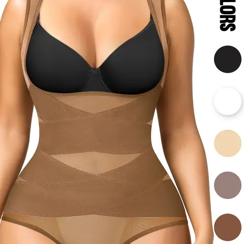 Women's Solid Color Open Bust Shapewear Bodysuit, Body Shaping Underwear, Adjustable Hook & Eye Crotch Closure, Breathable Comfortable High Waist Tummy Control Push Up Bust Shapewear, Faja Shapewear Bodysuit