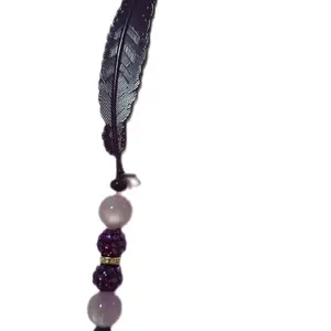 Purple Feathered Beaded Bookmark with Purple Beads and White Pearl Accent
