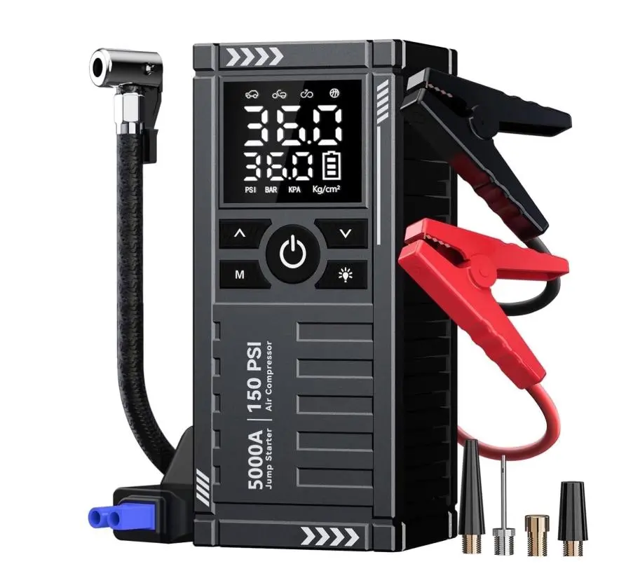 TRAKAR Car Battery Charger Jump Starter with Air Compressor, 5000A 150PSI (9.0 Gas/8.0L Diesel), 14.8V Jump Box Car Battery Jumper Starter Portable with Jumper Cables, LCD Display, Lights