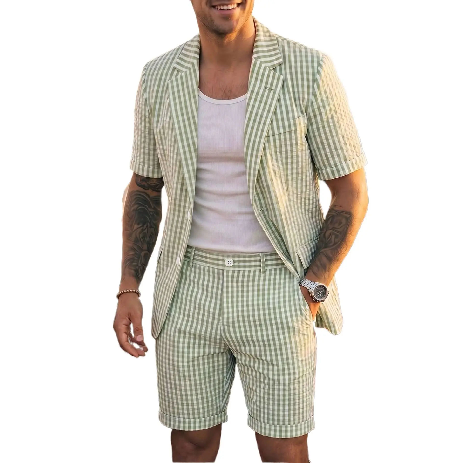 Men’s Green Plaid Seersucker 2-Piece Suit Set - Summer Business Casual Blazer & Pants, 2-Button Notch Lapel Light Outfit for Office, Daily Wear (S-2XL) Classic Dress Fabric Fitted Formal Jacket Matching Menswear Polyester Smooth