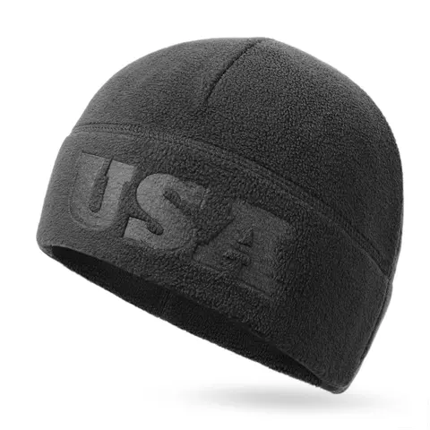 OUTDOOR SHAPING Men's Fitted Recycled Poly Fleece Tactical Sports Hat - USA Embossed US Pride Beanie, Warm Lightweight Thermal Stretch Cold Weather Gear, Male One Size Fits Most, Machine Washable for Biking, Daily Use