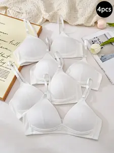 Four-Piece Soft Wireless Solid Color Girls' Underwear Set, Comfortable Fashion Daily Wear, Casual Slim-Fitting Bralettes, All Seasons