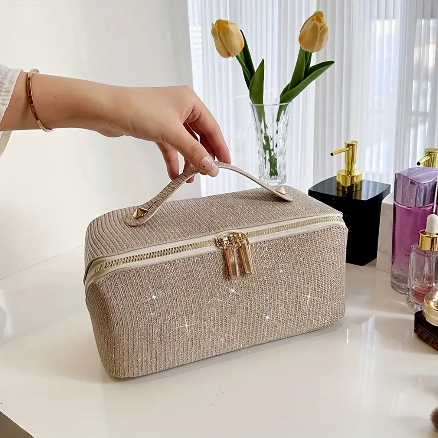 Large Capacity Glitter Makeup Bag with Handle, Portable Travel Cosmetic Storage Pouch, Essential Organizer for Beauty Essentials, Cosmetic Bags