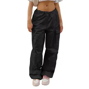 BLUEMING Womens Cargo Pants Women Baggy Parachute Pants Low Waisted Drawstring Wide Leg Pants Festival Outfits,  - L