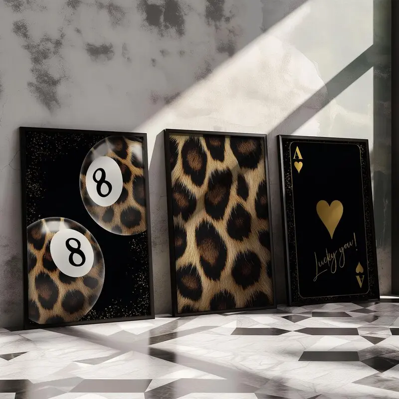 Leopard Wall Art Cheetah Print Black Gold Ace Card Leopard Wall Art Trendy 8 Bill Pool Animal Cheetah  Poster Black Wall Art