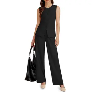 Casly Lamiit Women's 2 Piece Blazer Outfits Sleeveless Crewneck Vest & Wide Leg Pantsuit 2026 Dressy Casual Work Sets Breathable Linen Fabric Flowy Comfortable #Springfresh