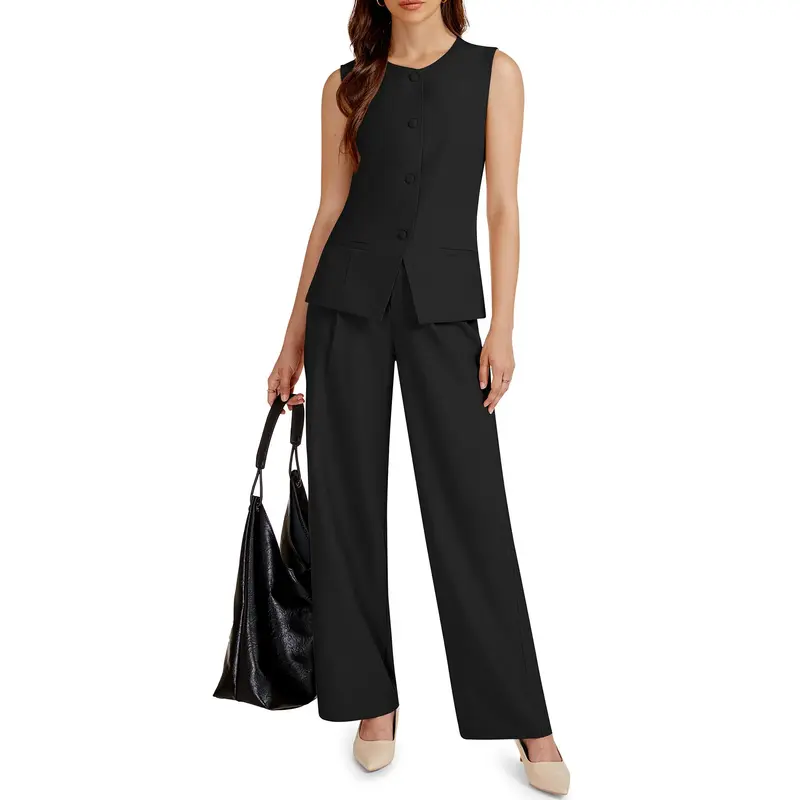 Casly Lamiit Women's 2-Piece Linen Fabric Suit - Button-Front Sleeveless Crew Neck Fitted Blazer Vest, Loose Wide Leg Slit Pants, Light Breathable Flowy Corporate Attire for Office Summer Events