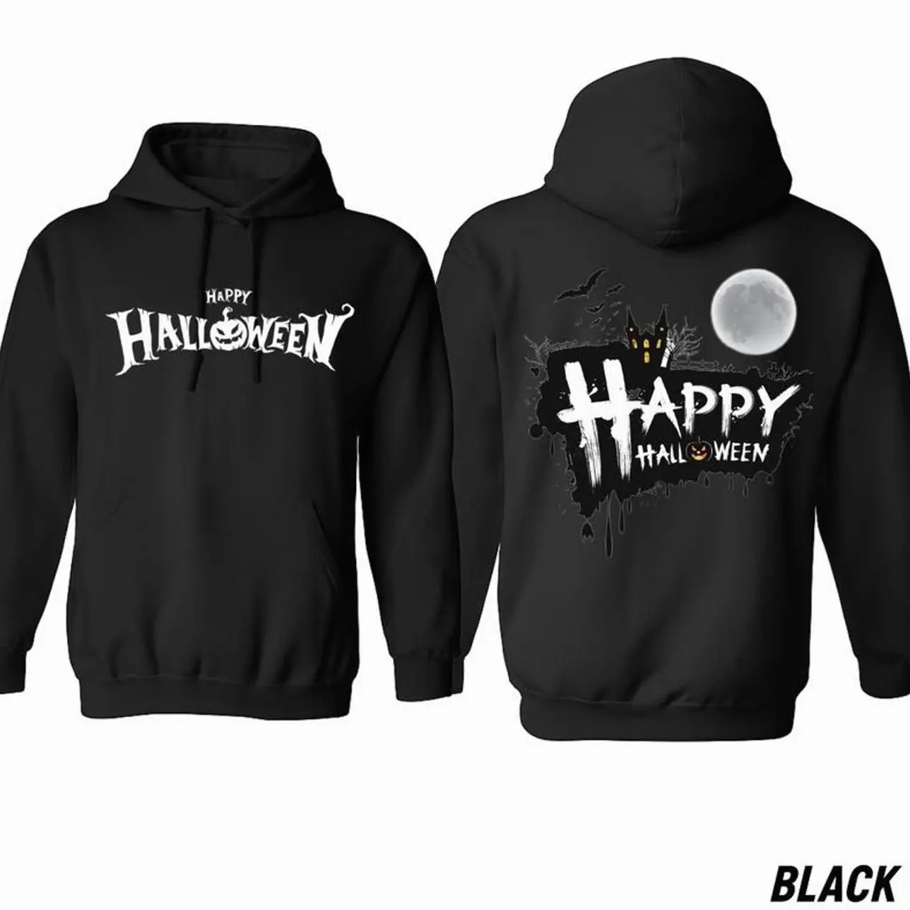 Happy Halloween Hoodie, Haunted House & Full Moon Graphic Hoodie, Trendy Halloween Graphic Hoodie, Casual Outfit, Comfortable Menswear & Womenswear Top, Gifts For Halloween, Sep23