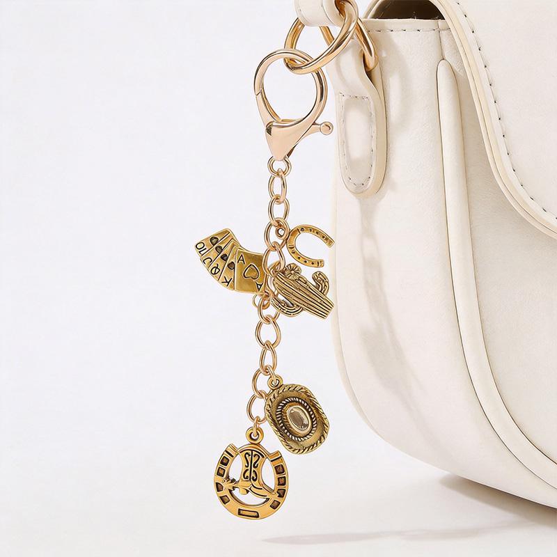 Coastal Cowgirl Purse Charm - Gold Western Chain with Boot & Hat Pendants, Trendy Festival Bag Accessory