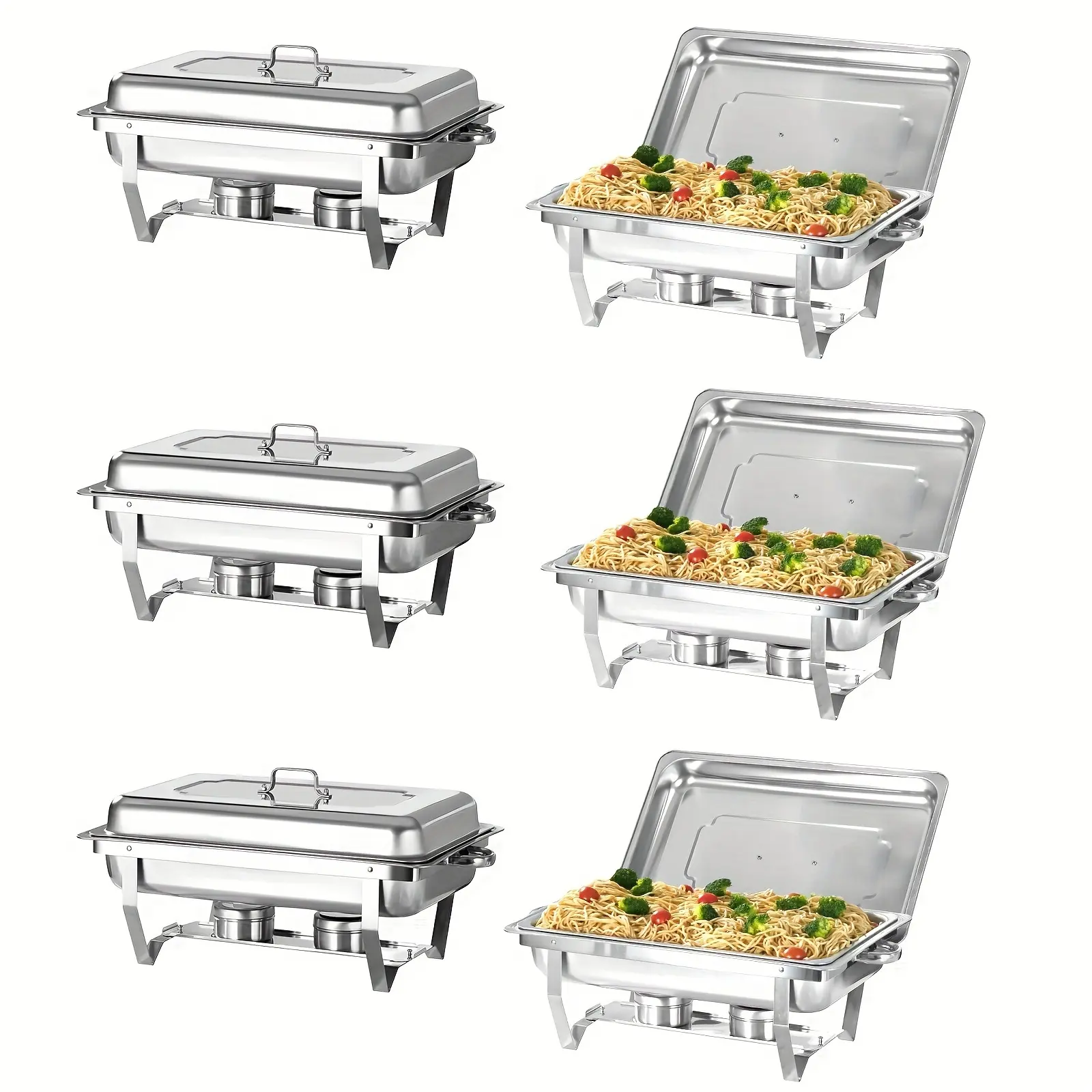 6-Pack 8QT Full-Size Hot Pot Buffet Suit, Rectangular Stainless Steel Food Heater Suit, with Lid, Food Plate, Water Tray and Fuel Rack, Suitable for Restaurant Catering Party Wedding Cookware