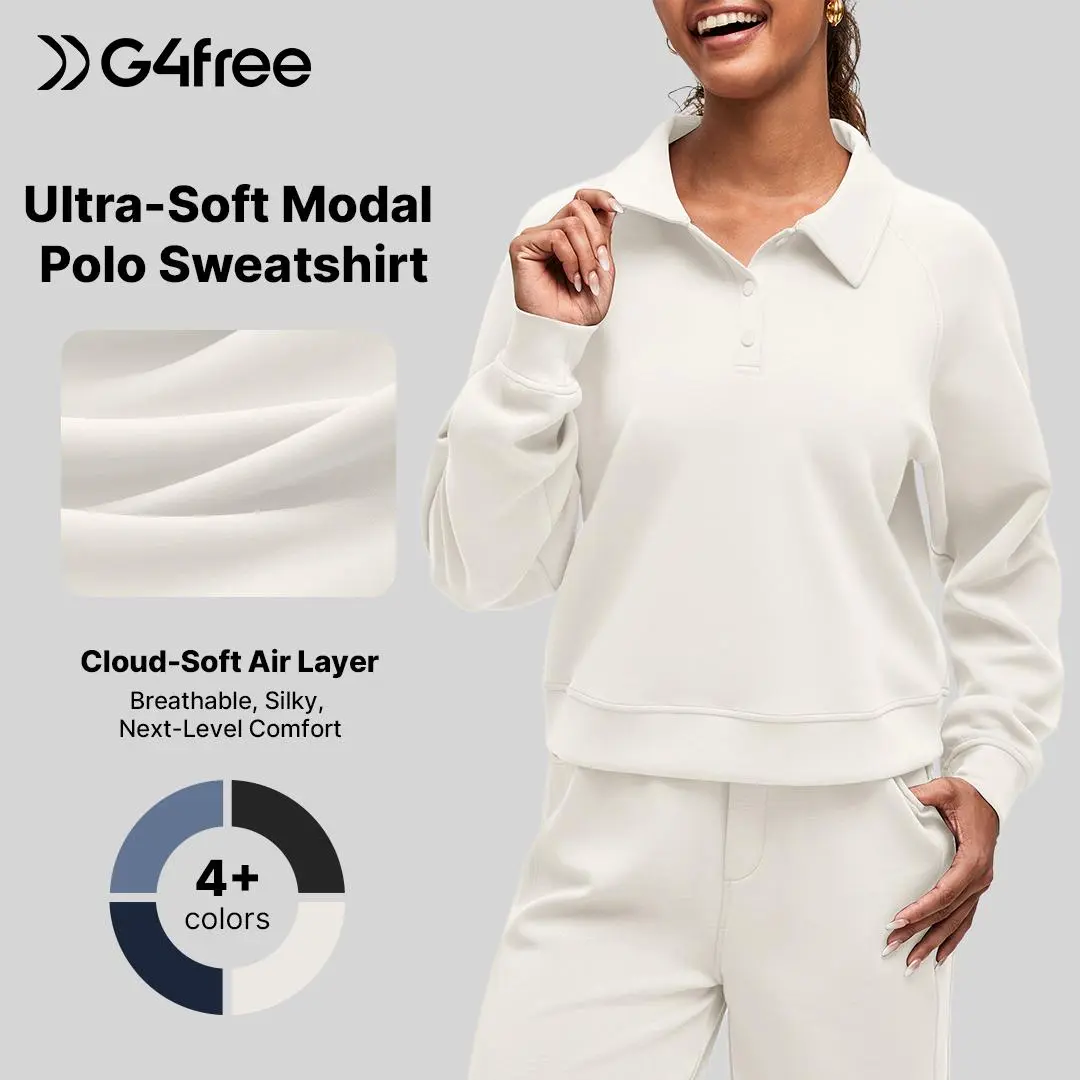 G4Free Smoofit Modal Soft Women's Polo Sweatshirts Pullover Long Sleeve Button Up Casual Tops Womenswear Smooth