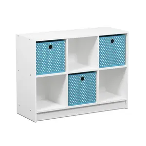 Wood 3x2 Cube Shelf - 6-Cube Compact Bookshelf with Storage Bins, 11.9x31.6x23.6 in, Simple Decor Shelves for Living Room, Home Office, White/Light Blue